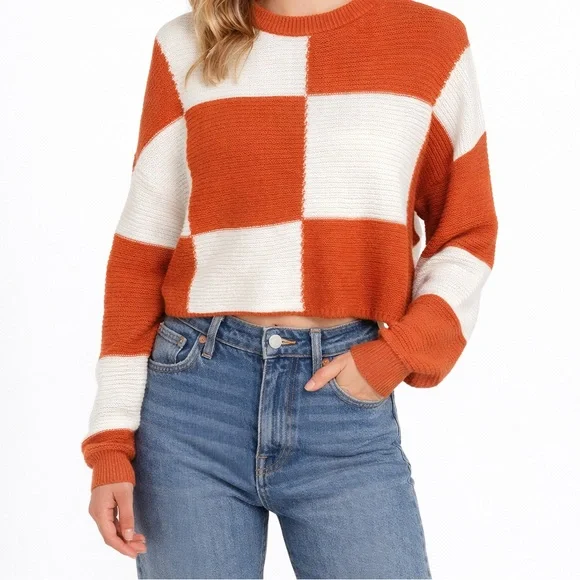 Moon & Madison Colorblock Checker Knit Sweater Crop Boxy Cozy L - Picture 2 of 6
